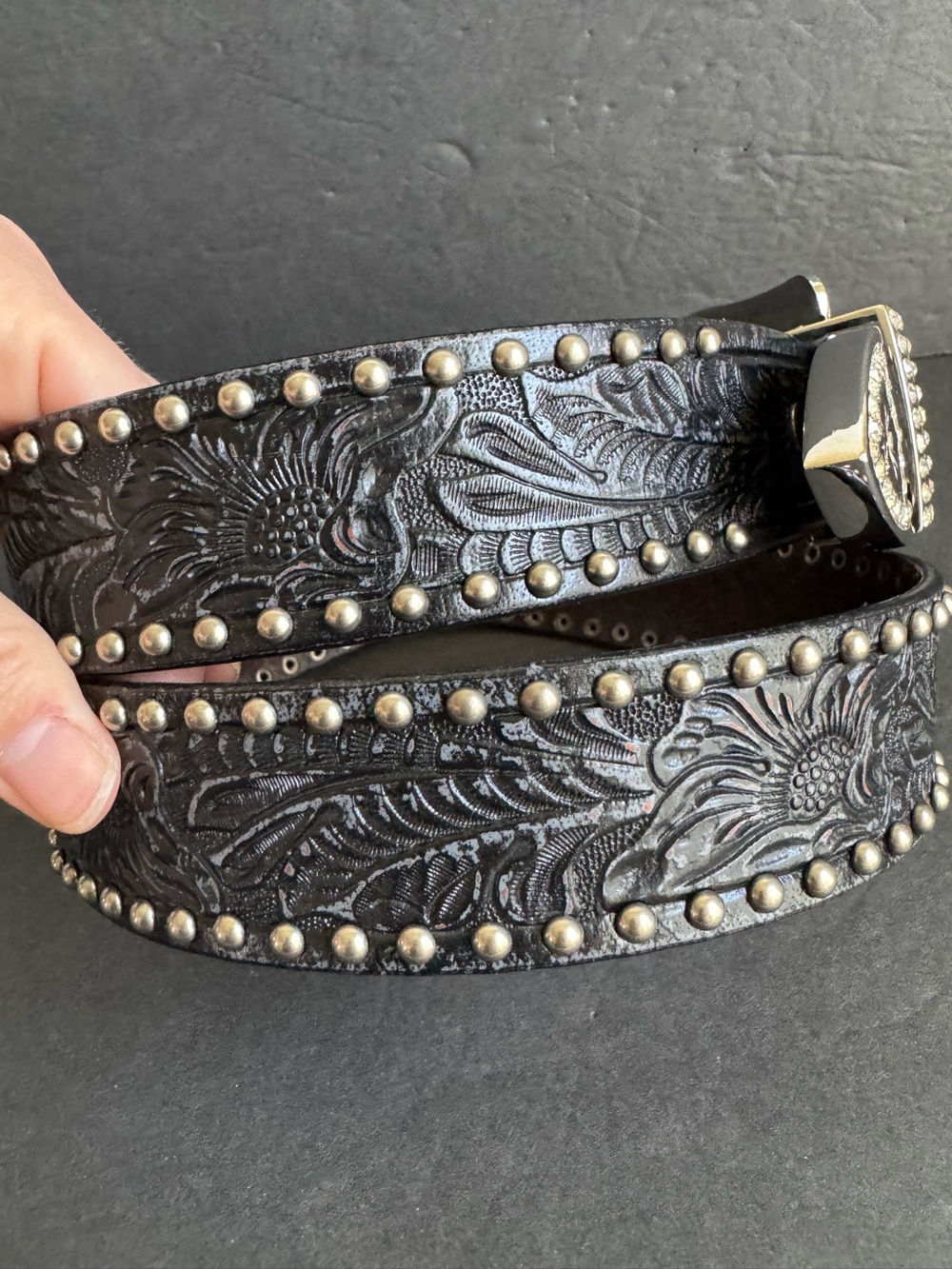 Black Leather Rhinestone Belt Crystal Festival Western Cowgirl Tooled Large - Picture 4 of 12